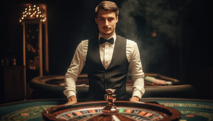 Live dealer revealing cards in Dragon Tiger game at saktispin